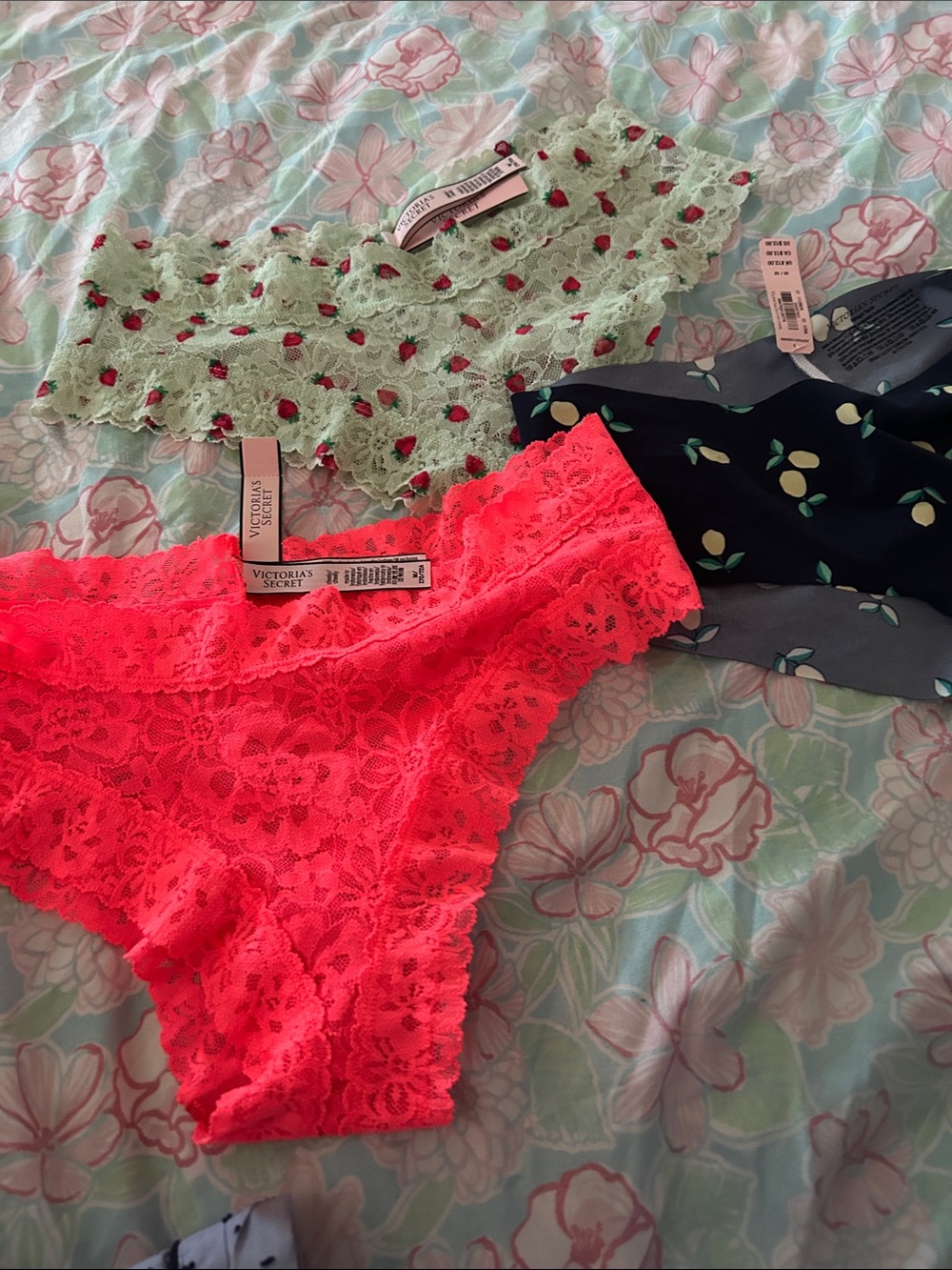 Victoria's Secret Neon Pink, Mint & Navy Lace and Print Bikini Set